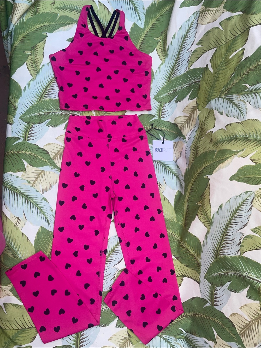 Beach Riot NWT Girl Sz 13/14 Jr 0/1/XS Hot Pink Black Heart Print Two-Piece Set